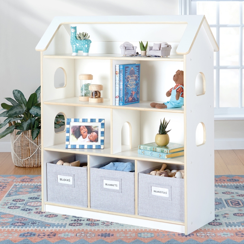 Playful Bookcase with Fabric Bins