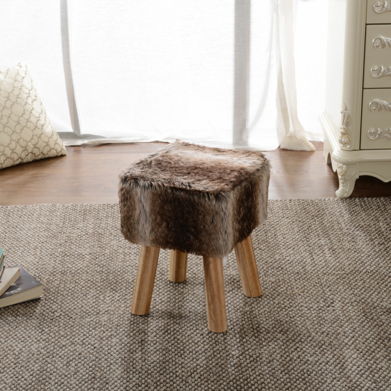 Brown Faux Fur Ottoman with Wood-Finished Legs