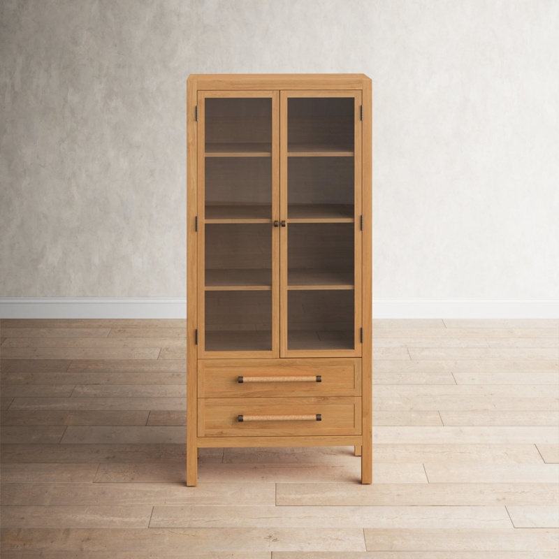 Oak Veneer Cabinet with Glass Doors and Textured Handles