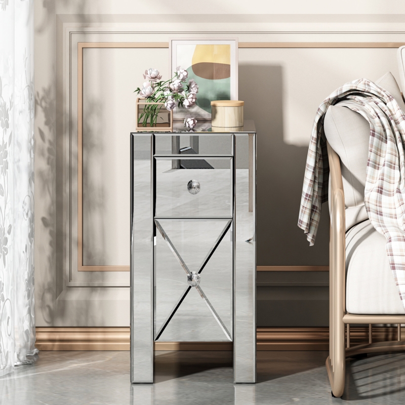 Silver Mirror Nightstand with Storage