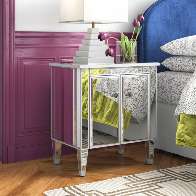 Glam Mirrored Nightstand with Cabinet