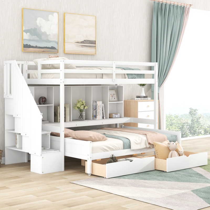 Twin XL over Full Bunk Bed with Built-in Hutch
