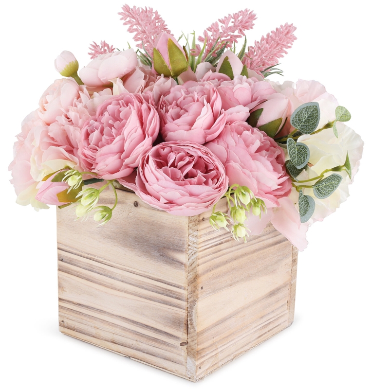 Rustic Wood Square Vase with Pastel Artificial Flower Bouquet