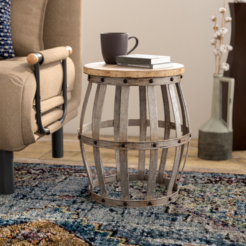 Industrial Barrel End Table with Fir Wood Top
