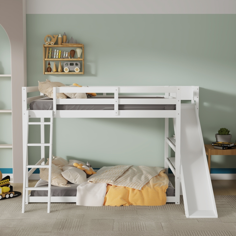 Full Over Full Bunk Bed with Slide & Shelves
