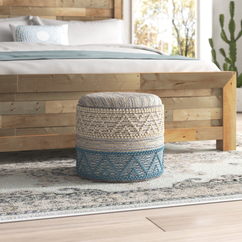 Textured Cotton-Polyester Pouf with Jute Details