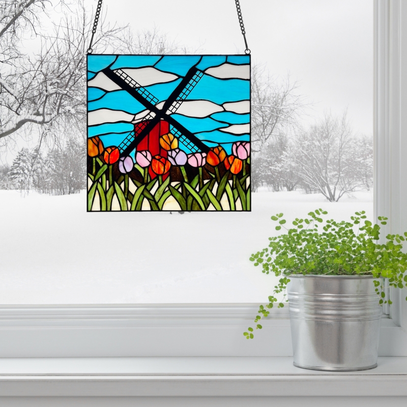 Windmill Stained Glass Window Panel 14.5" H