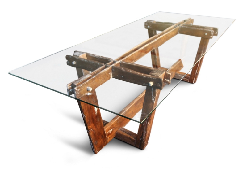Reclaimed Wood Dining Table with Glass Top