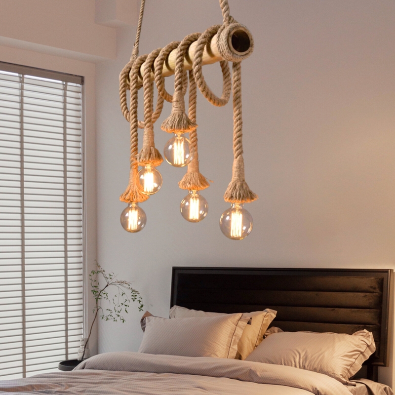 Vintage Rope Chandelier with Bamboo Accents