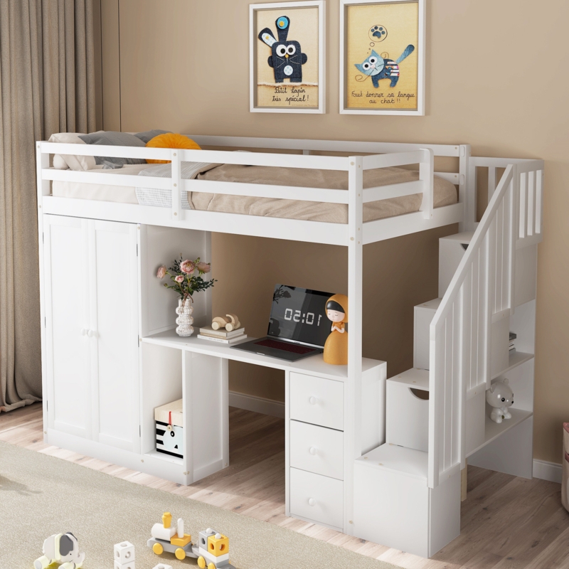 Twin Size Loft Bed with Wardrobe and Staircase