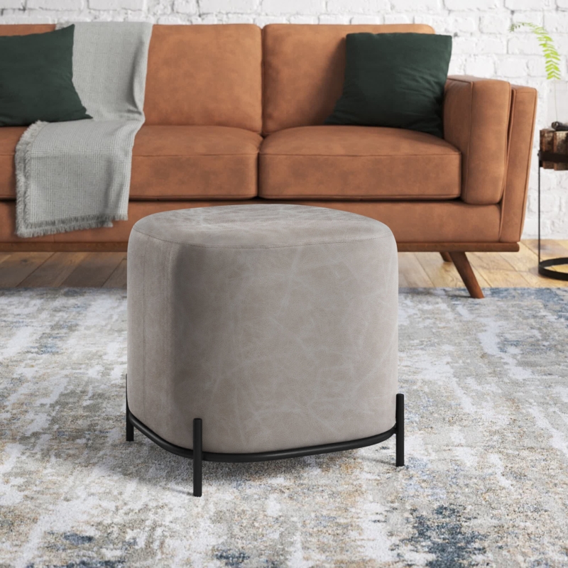 Distressed Faux Leather Cube Pouf with Metal Base