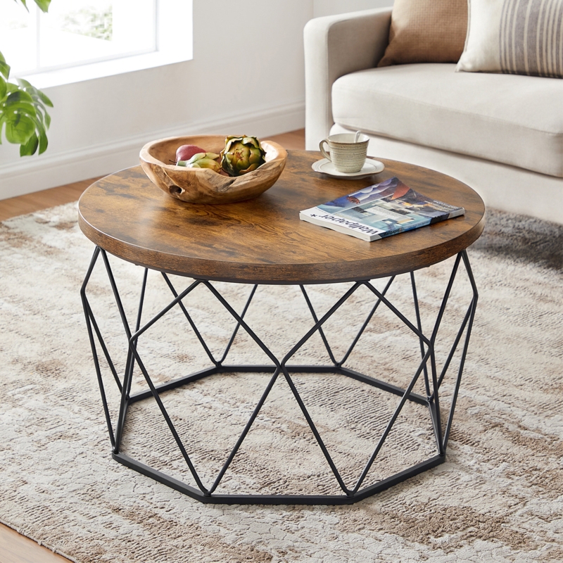 Rustic Round Coffee Table with Metal Frame