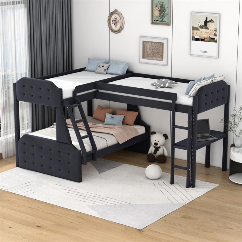 L-Shaped Twin over Full Bunk Bed and Twin Size Loft Bed with Desk