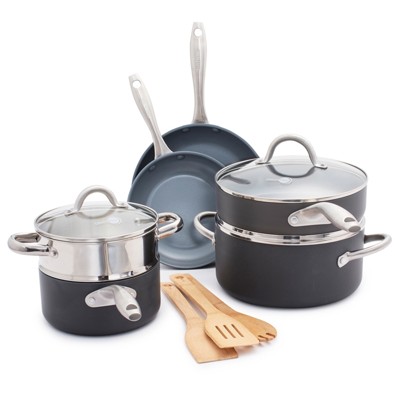 Hard-Anodized Aluminum Cookware Set with Bamboo Utensils
