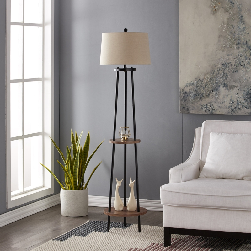 Tripod Floor Lamp with Wood Shelves