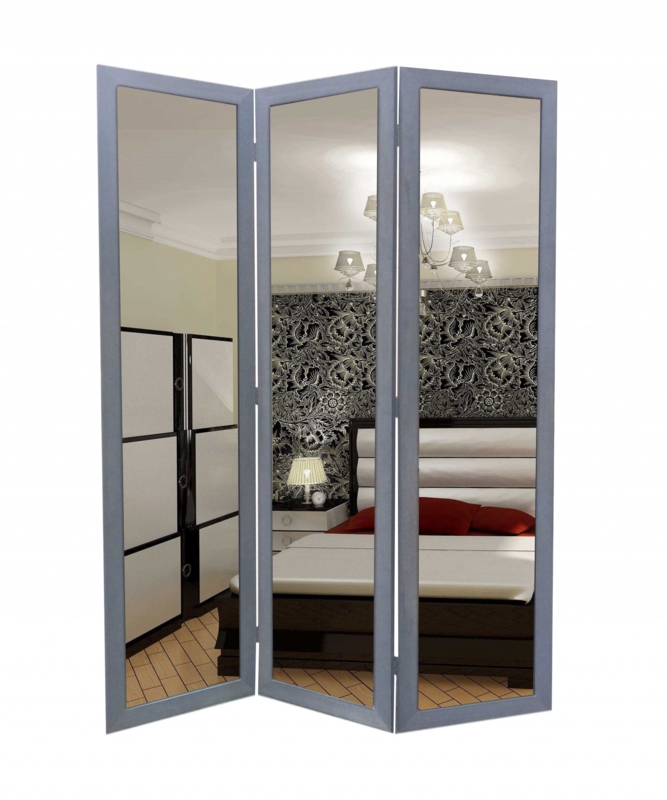 Mirror Glass and Wood 3-Panel Room Divider
