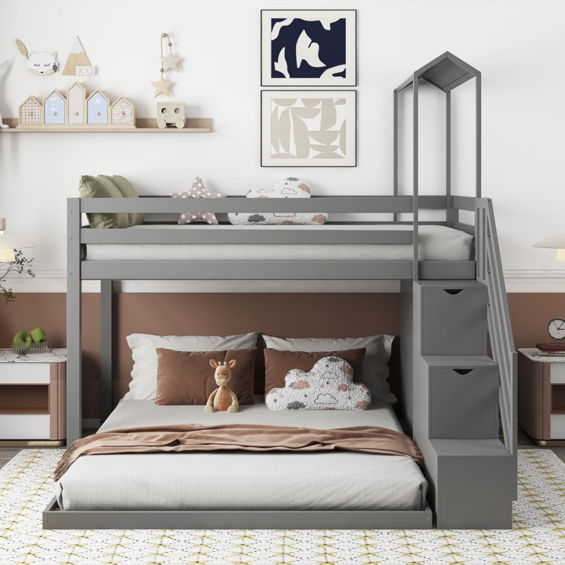 Twin over Full House Roof Bunk Bed with Staircase and Shelves