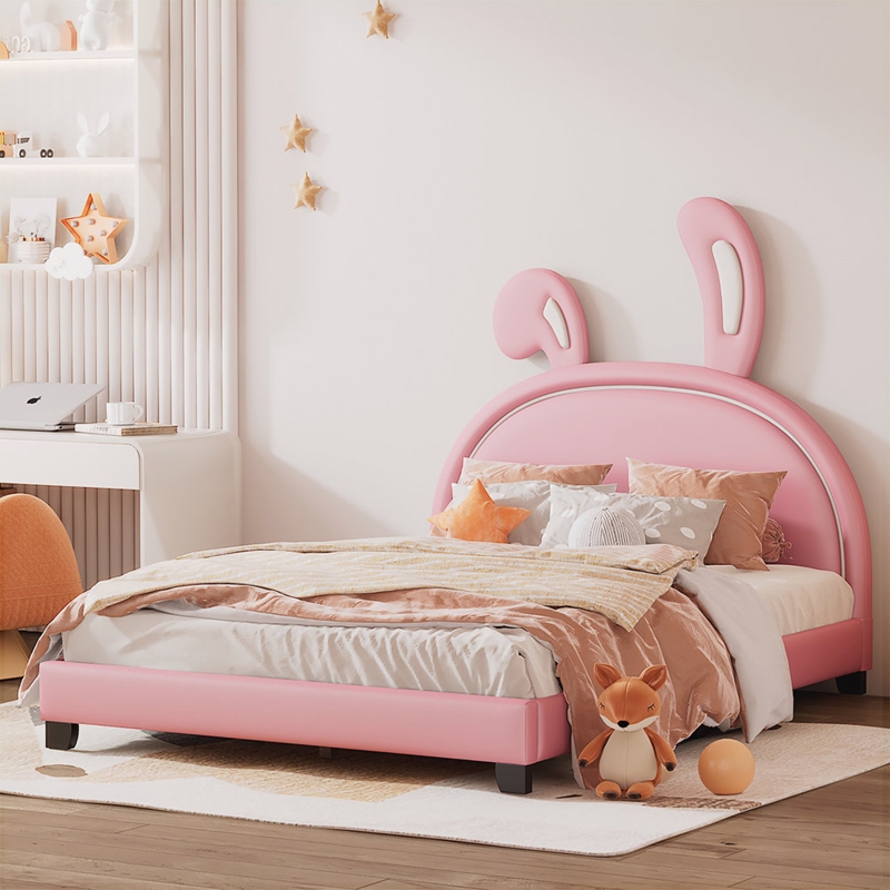 Rabbit Ornament PU Leather Upholstered Bed