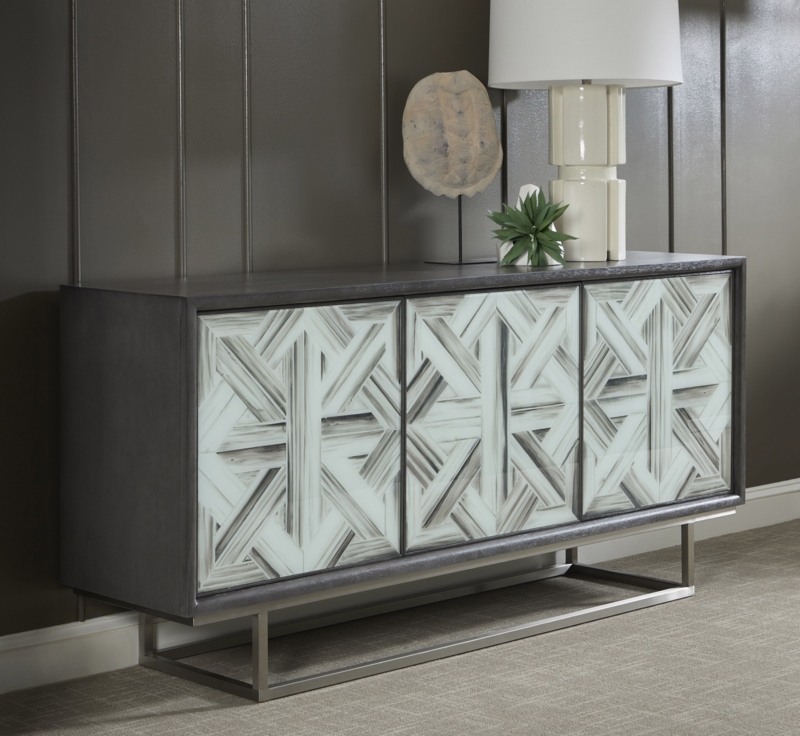 Hand-Painted 3-Door Credenza with Glass Fronts