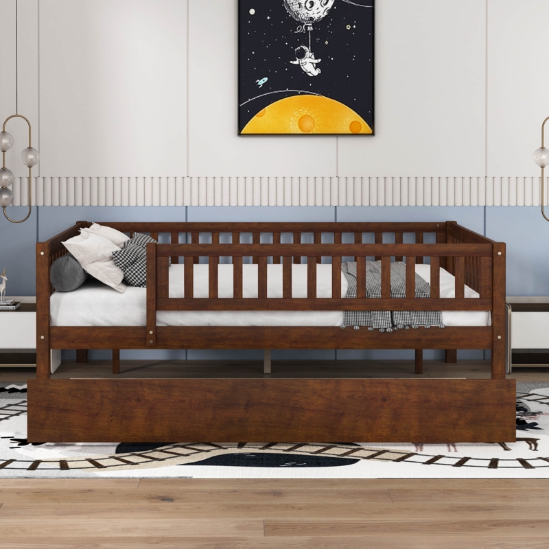 Full-Size Wood Daybed with Trundle and Guardrails