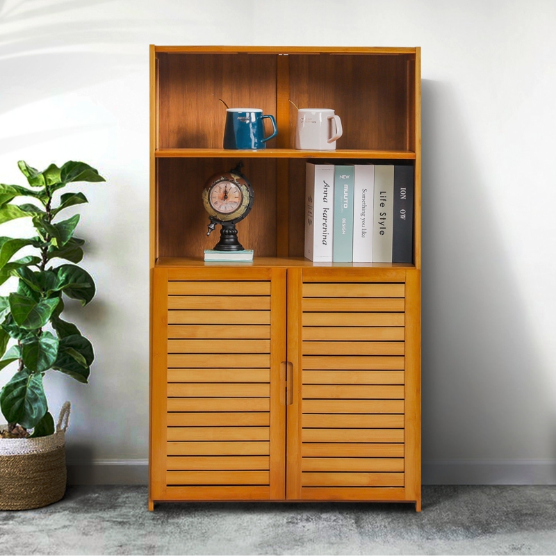 Bamboo Brown 4-Tier Bookcase with Mesh Cabinet