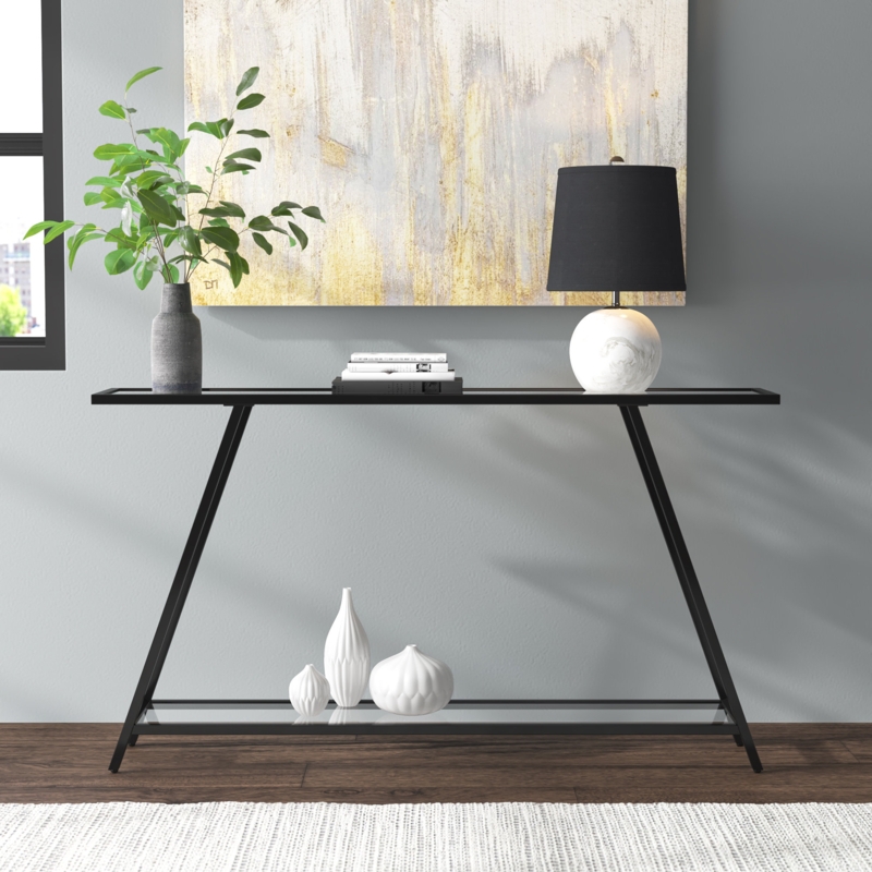 Industrial Angled Console Table with Glass Top