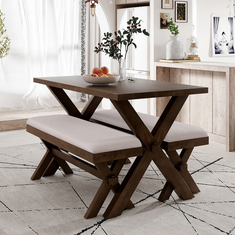 3-Piece Cross Leg Dining Table Set with Benches