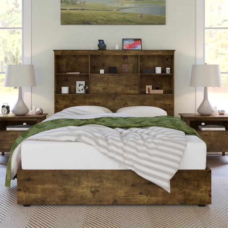 Queen Storage Bed Frame with Bookcase Headboard