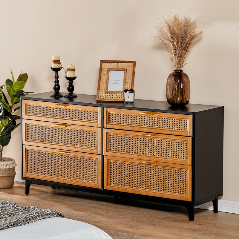 Rattan & Wood Dresser with Drawers