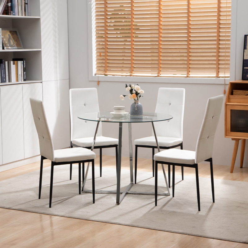 Contemporary Glass Dining Table and Faux Leather Chairs