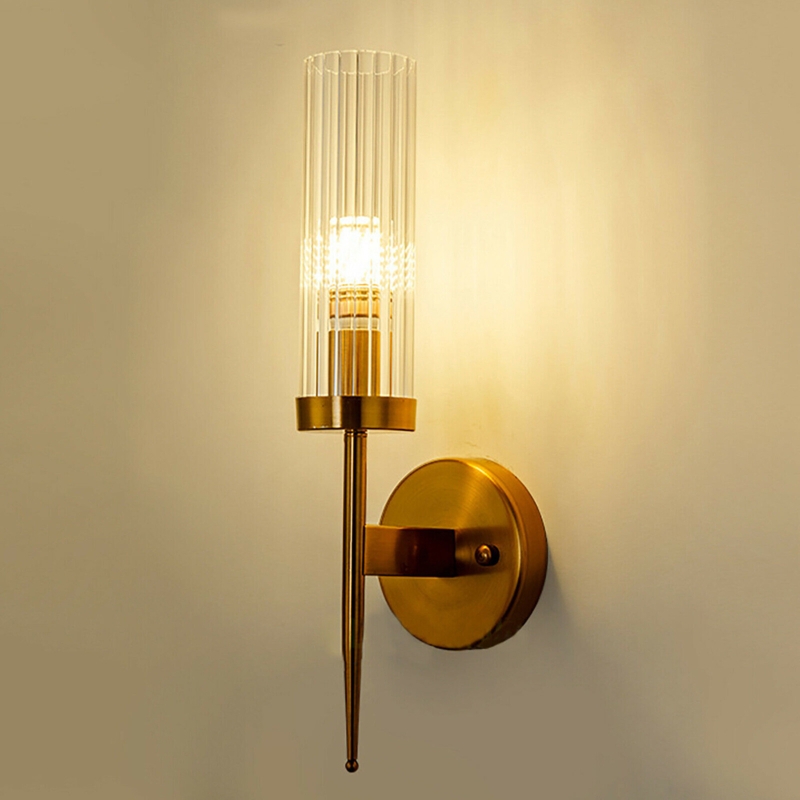 Cylindrical Glass Sconce Light with Brass Detailing