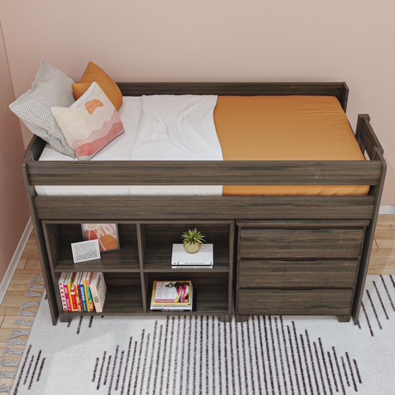Farmhouse Twin-Size Low Loft Bed with Dresser and Bookcase