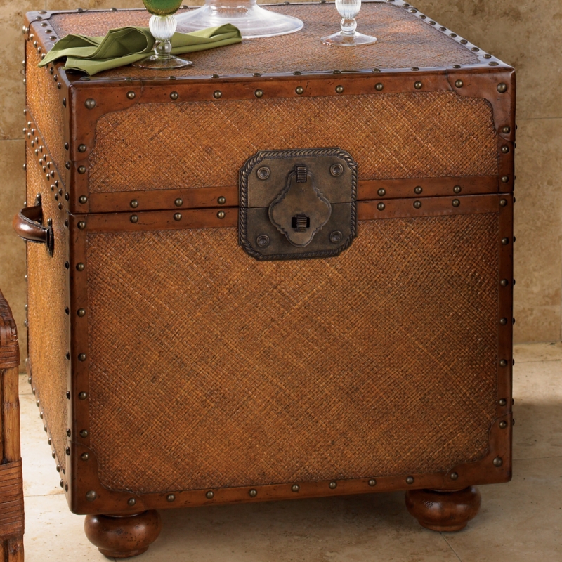 Traditional Style Navy Blue Storage Trunk Chairside Table With 2 Drawers  And Leather Trim