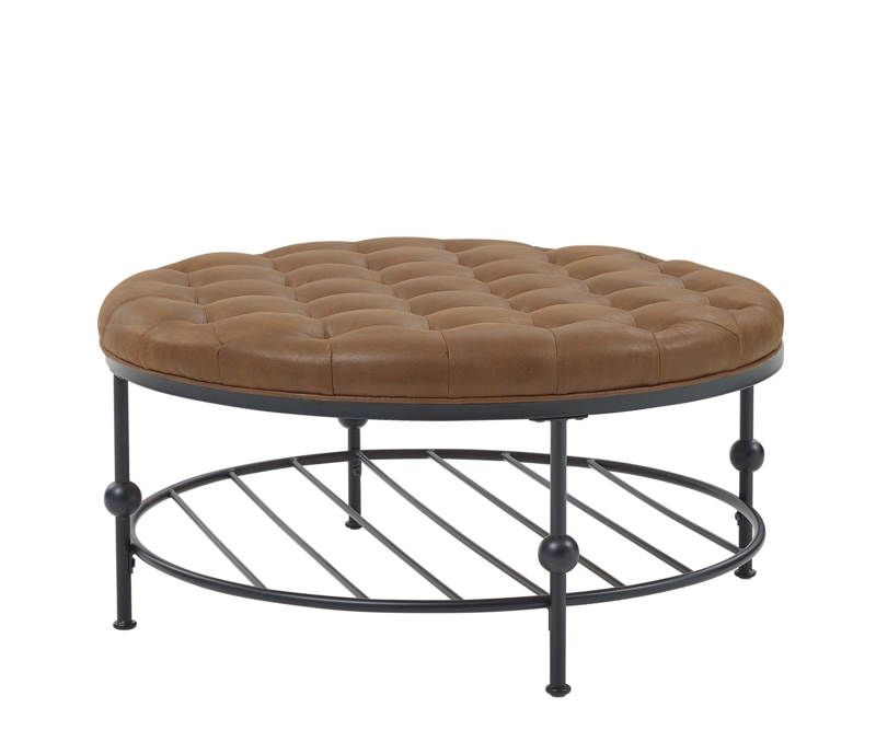 Tufted Ottoman with Metal Frame and Open Rack