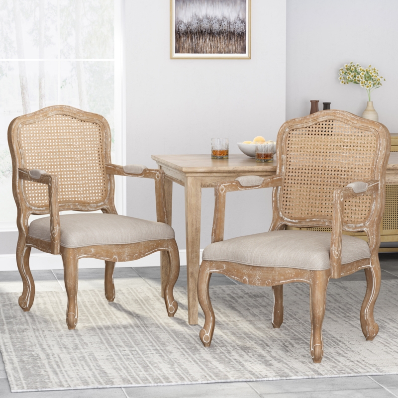 Nrizc French Dining Chairs Set of 2, Farmhouse Dining Chairs, Rattan Dining Chairs with Round Back, Solid Wood Fabric Cane Back Dining Room Chairs