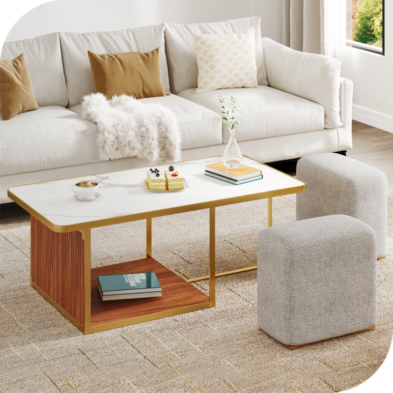 3-Piece Coffee Table Set with Embedded Stools