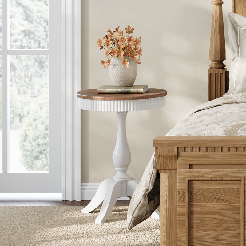 Wood Grain Accent Table with White Base