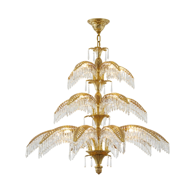 Three Tier Copper Palm Tree Chandelier with Crystals