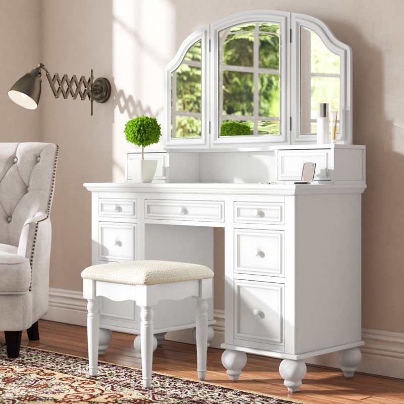 Classic Vanity Set with Standing Mirror and Stool