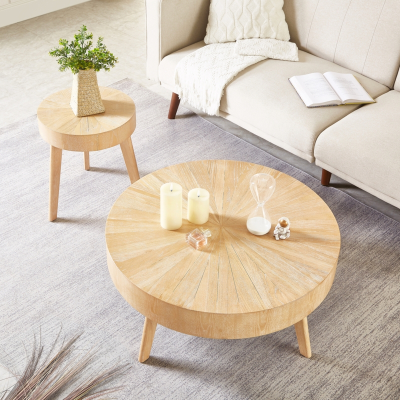 Oak Parquetry Round Coffee Table with Solid Base