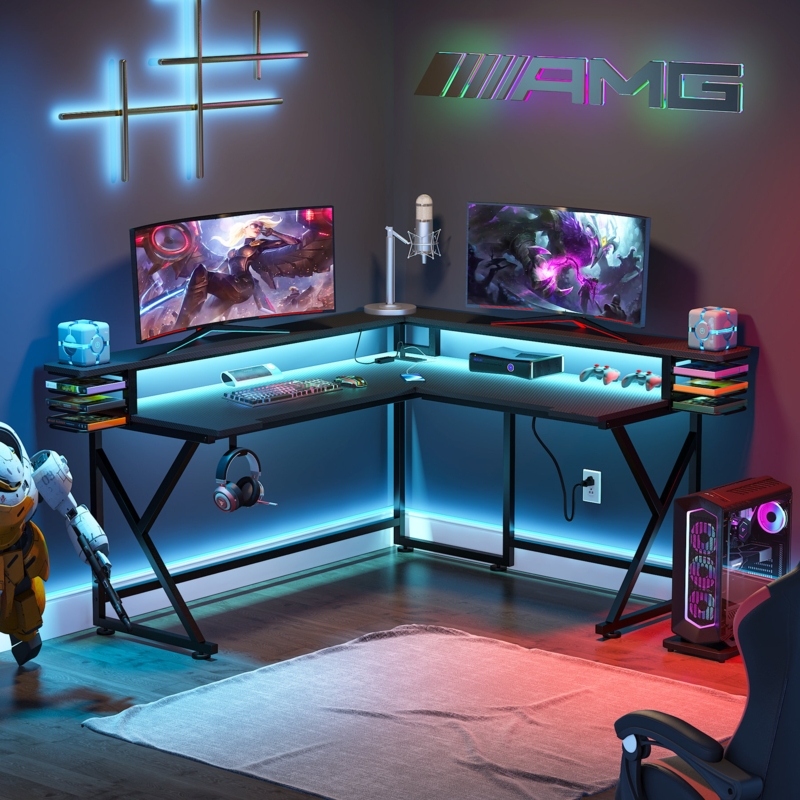 L-Shaped Gaming Desk with LED Lighting