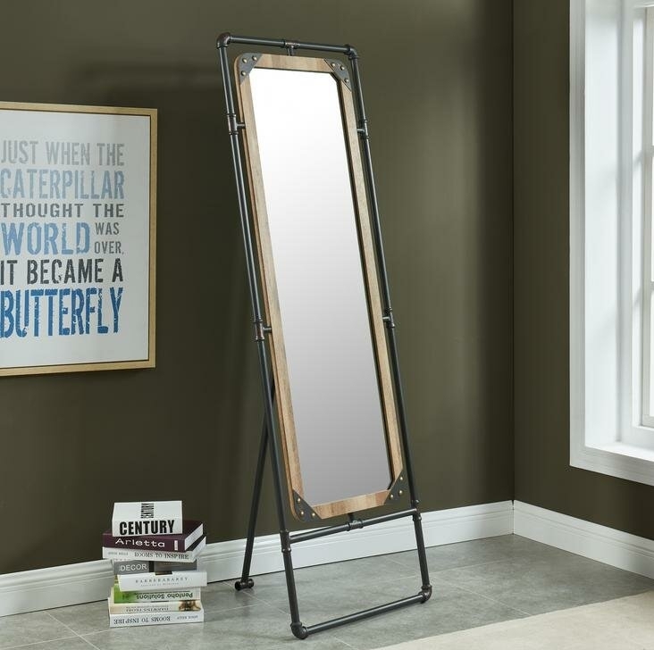 Industrial Full-Length Mirror with Wood Frame
