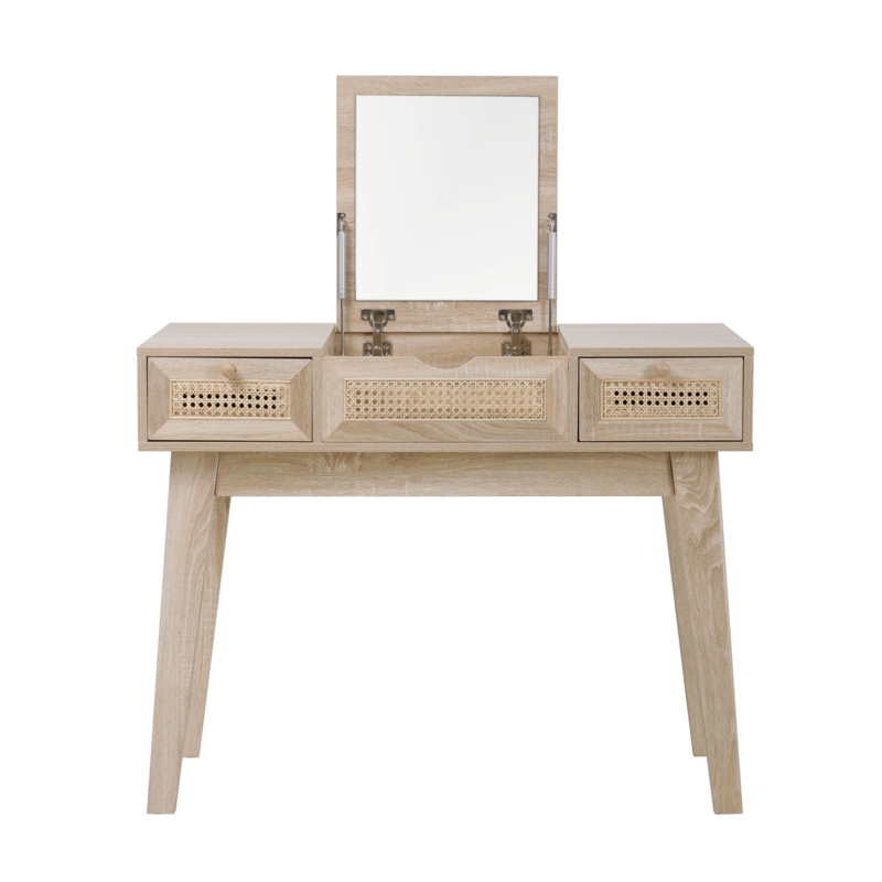 Rattan Vanity Table with Flip-top Mirror and Storage