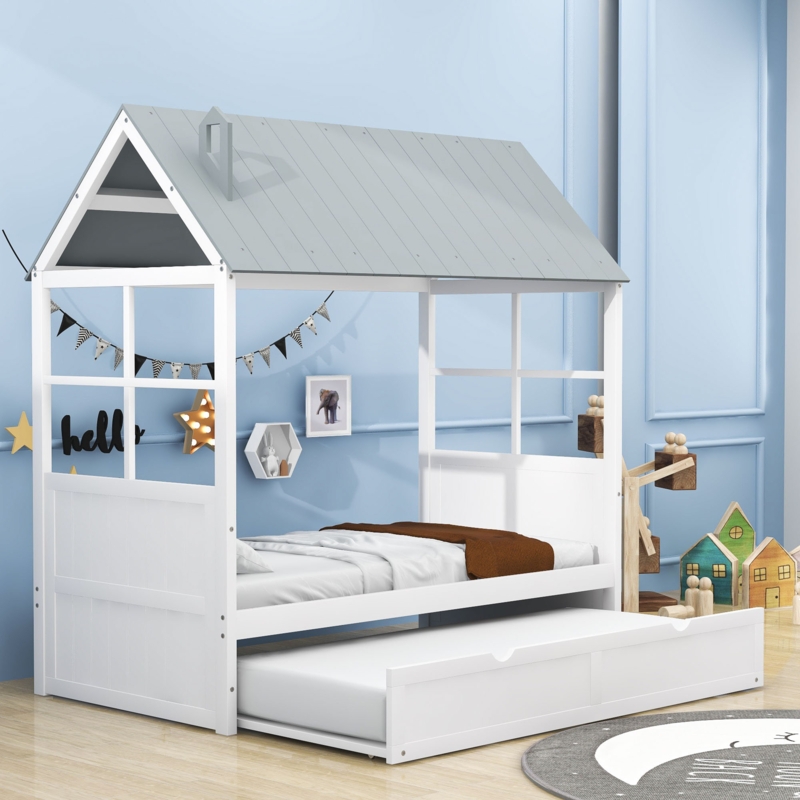 Twin-Size Bed with Trundle and Roof Design