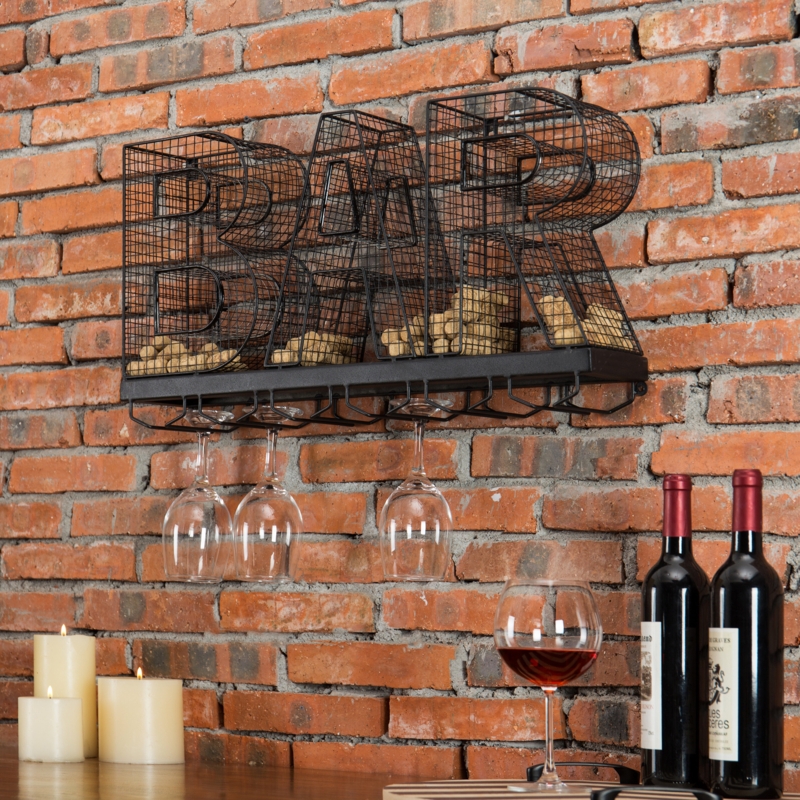 Wall-Mounted Wine Glass Holder with Cork Storage
