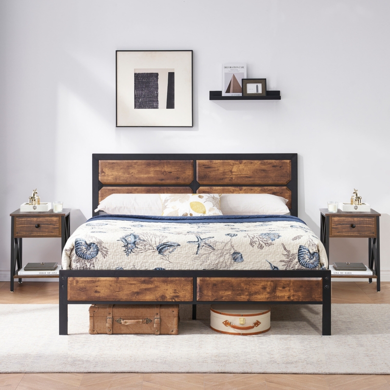 Wood Platform Bed Frame Set with Modern Nightstands
