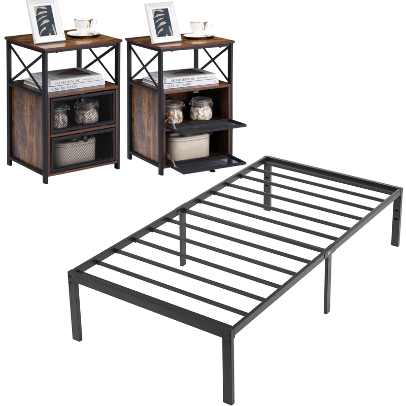 Modern Bedroom Set of 3 with Platform Bed and Nightstands
