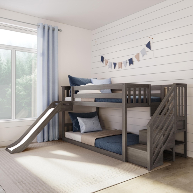 Twin-Over-Twin Low Bunk Bed with Stairs and Easy Slide