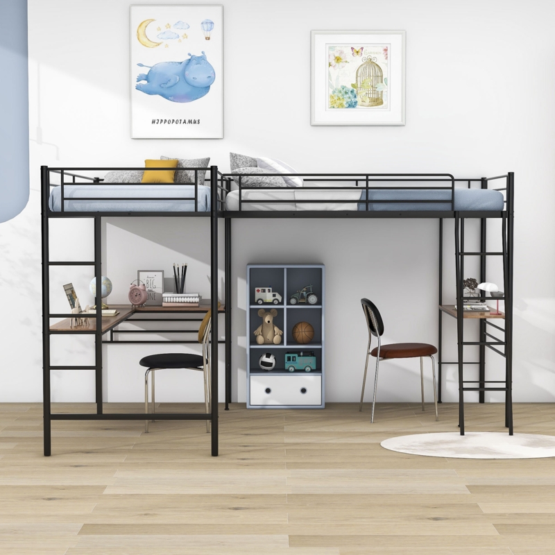 L-Shaped Loft Bed with Dual Desks