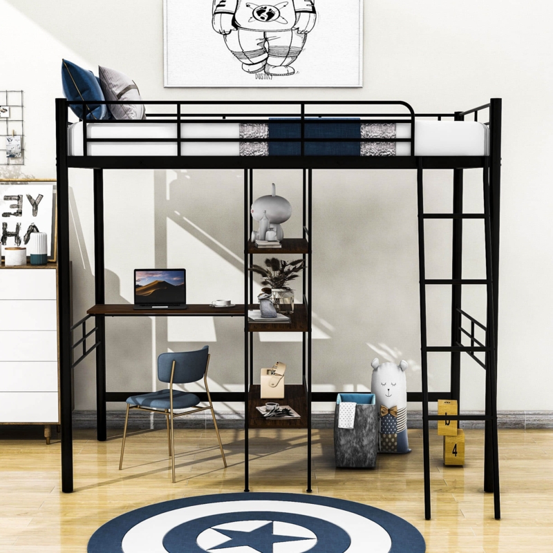 Metal Loft Bed with Built-In Desk and Shelves